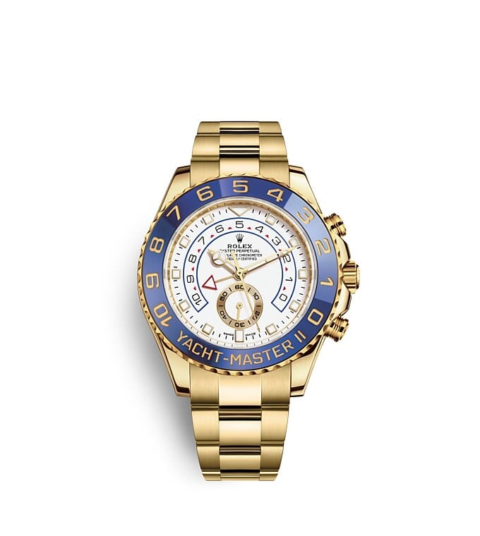 นาฬิกา Rolex Yacht-Master II 44 มม., ทองคำ หน้าปัดสีขาว ขอบนาฬิกา Ring Command สีน้ำเงินและตัวเลขเคลือบทองคำ