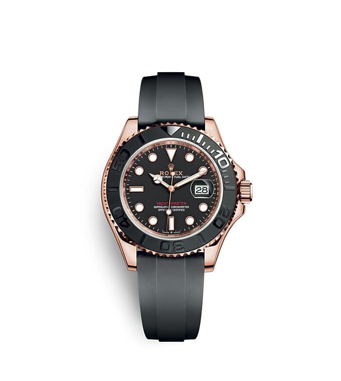 นาฬิกา Rolex Yacht-Master 40 มม., เอเวอร์โรสโกลด์ หน้าปัดสีดำเข้ม  ขอบหน้าปัดแบบหมุนได้สองทิศทางสีดำด้าน สาย Oysterflex