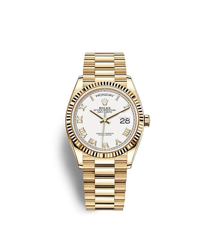 นาฬิกา Rolex Day-Date 36 มม., ทองคำ หน้าปัดสีขาว ขอบหน้าปัดแบบเซาะร่อง