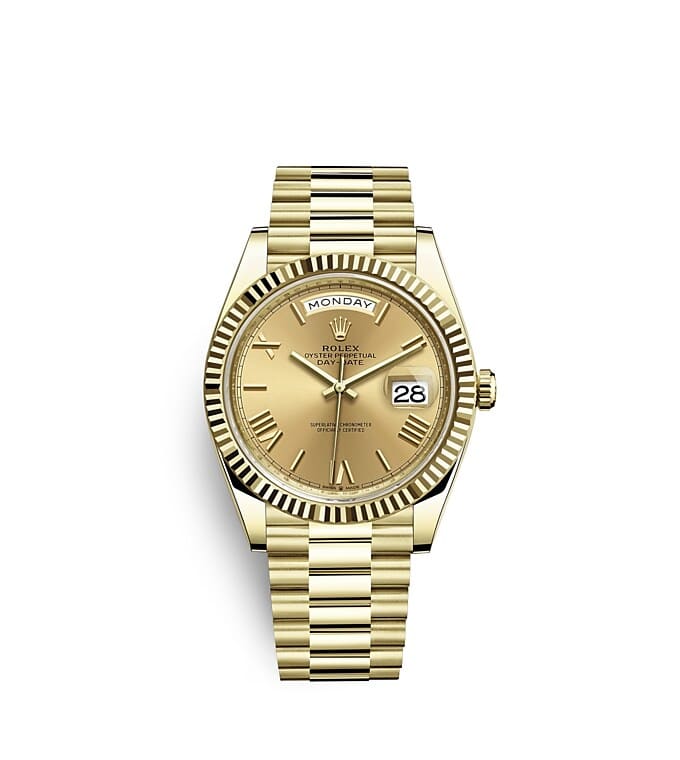 นาฬิกา Rolex Day-Date 40 มม., ทองคำ หน้าปัดสีแชมเปญ ขอบหน้าปัดแบบเซาะร่อง